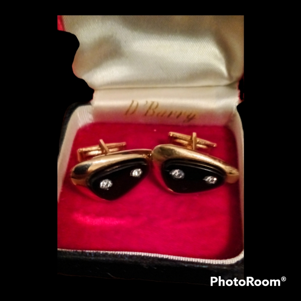 Vintage Sarah Coventry Onyx Rhinestone And Gold Tone Retro Cufflinks